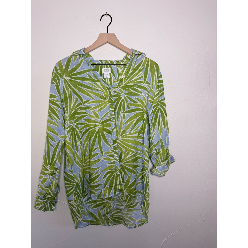 Sigrid Olsen Linen Tropical Palm Leaf Button Down Shirt Green Blue Roll Tab